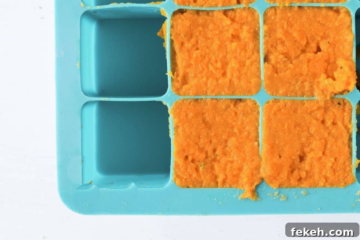 Carrot Purée: Homemade Baby Food & Versatile Side Dish 8 carrot puree in an ice cube tray for freezing