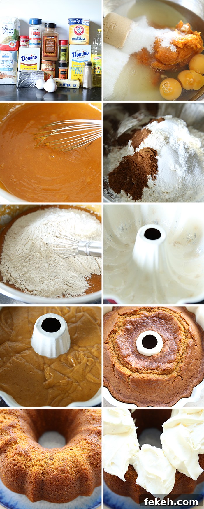 Pumpkin Bundt Cake with Cream Cheese Glaze 5 10-photo picture collage of step-by-step photos of how to make pumpkin bundt cake with cream cheese frosting.