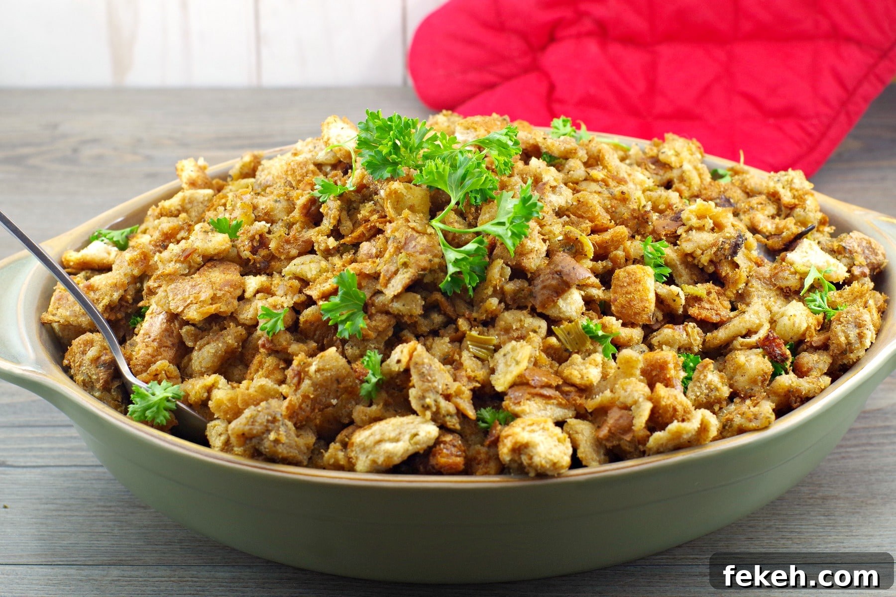 Old fashioned bread stuffing in green dish