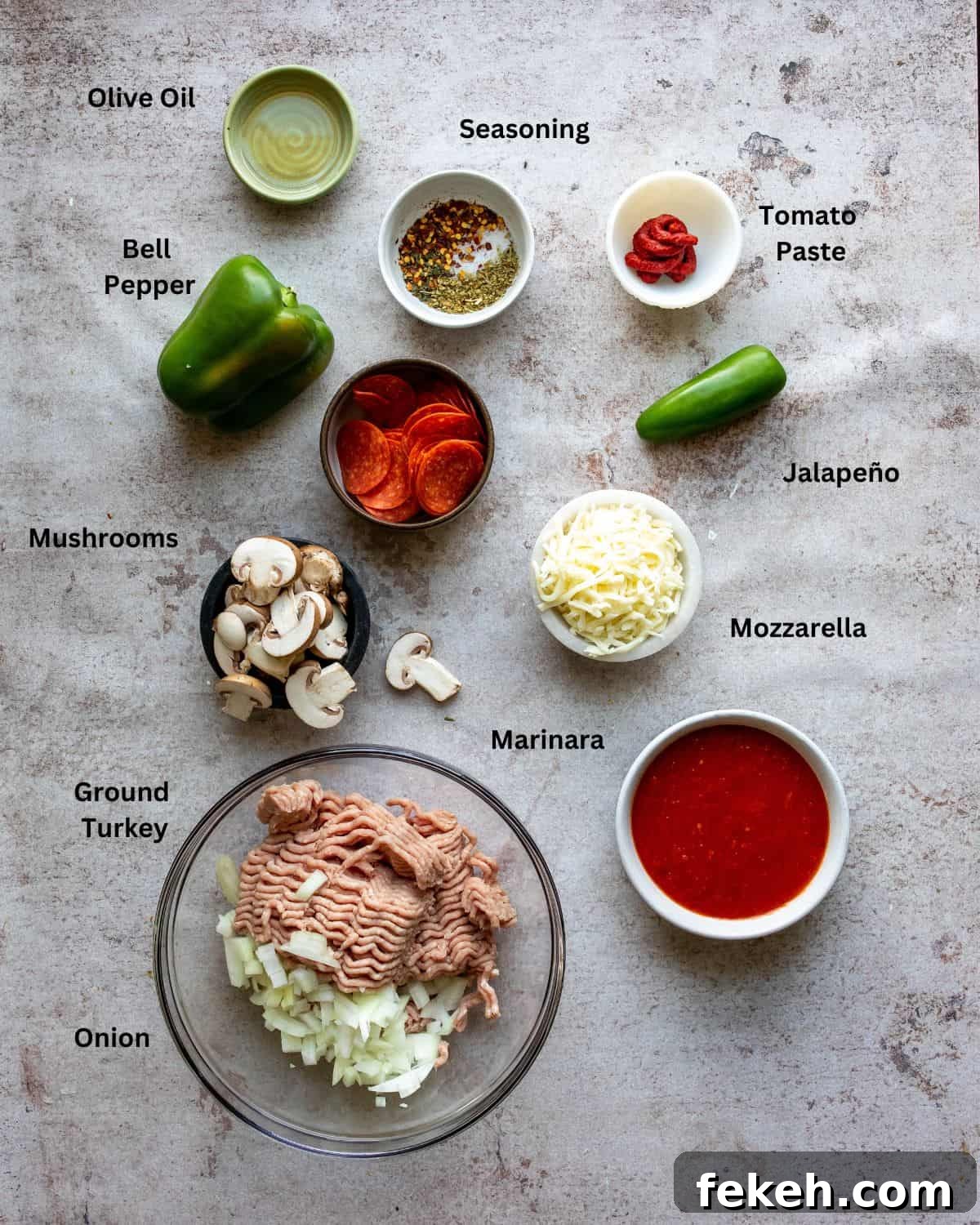 Creative Pizza Bowl Recipes: Flavorful Mini Pizza Bowls for Any Meal 3 Ingredients need to make this recipe on a counter with bowls and plates.