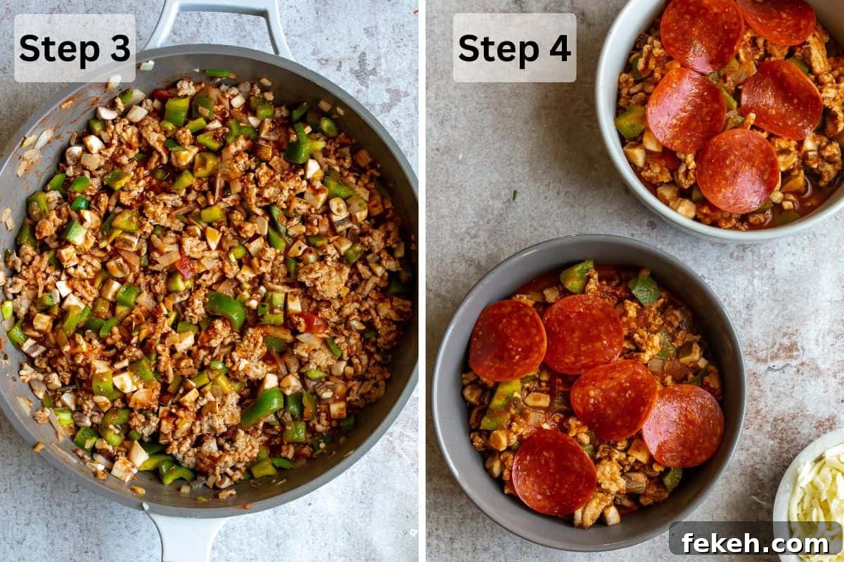 Creative Pizza Bowl Recipes: Flavorful Mini Pizza Bowls for Any Meal 5 Meat sauce in a gray skillet and bowls with pepperonis.