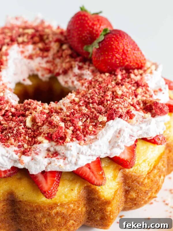 A finished strawberry crunch pound cake with fresh strawberries.