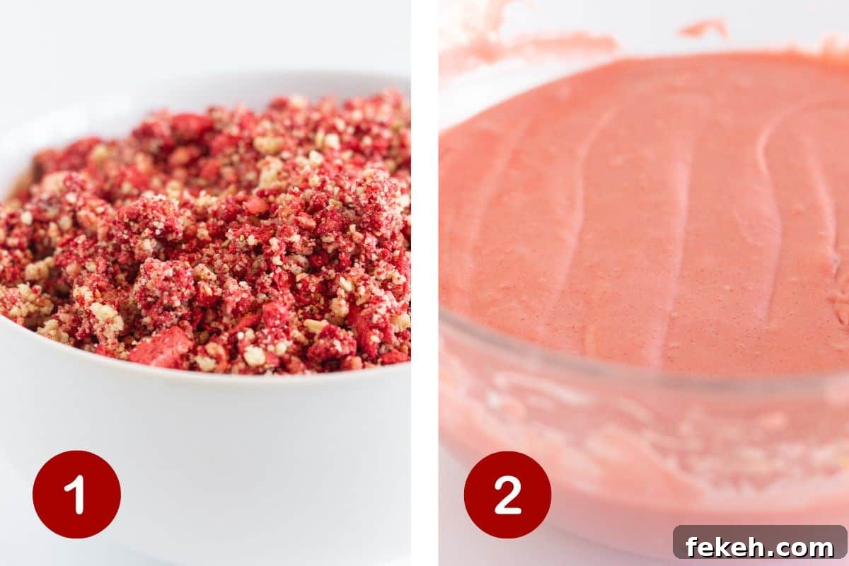 Making the crunch topping and the strawberry cake batter.