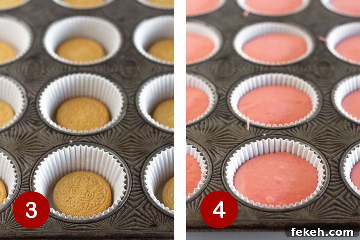 Adding the Oreo to the bottom of the pan and topping with cupcake batter.
