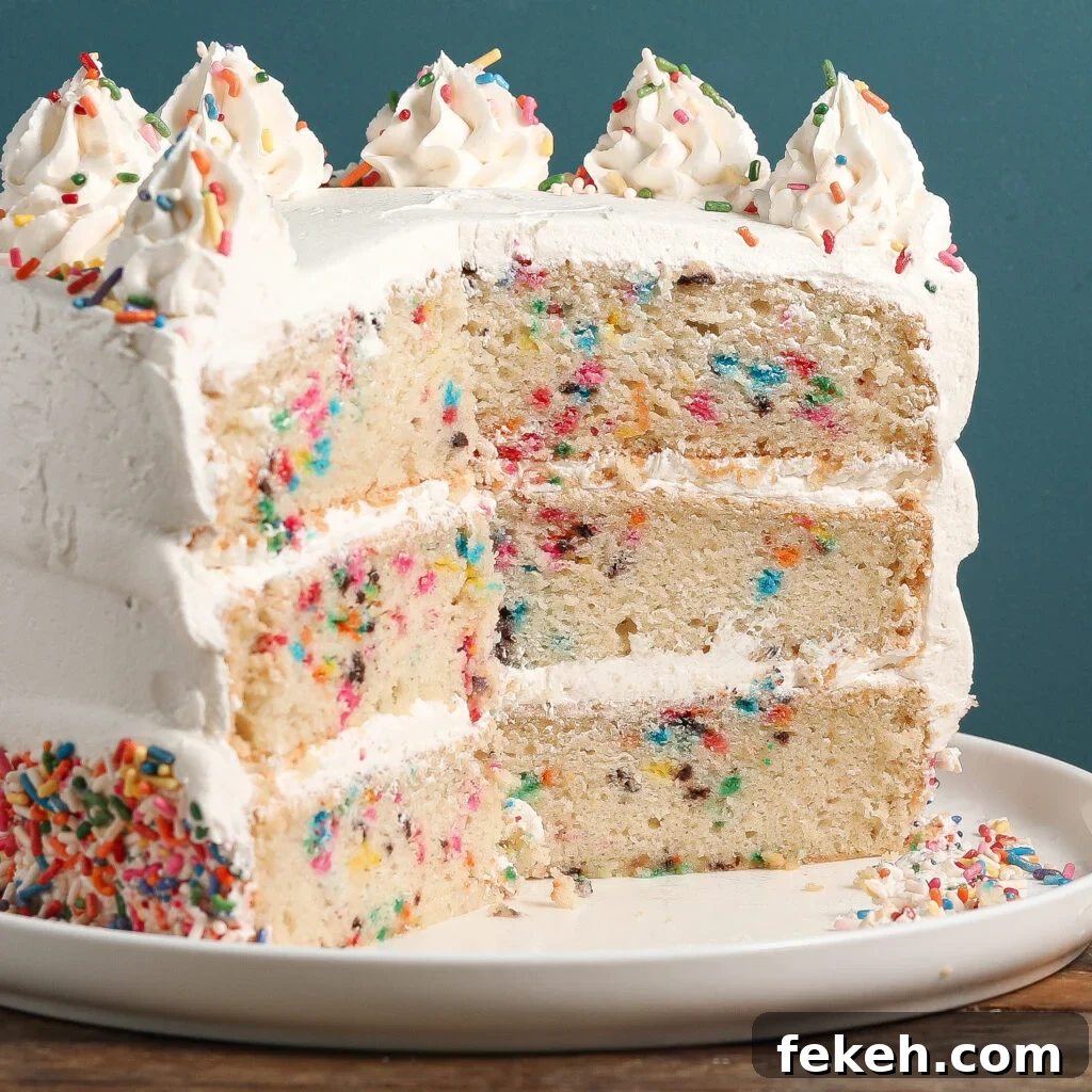 44 Gluten-Free Dairy-Free Cake Recipes for Every Occasion 11 A three-layer Funfetti Cake with white frosting and colorful sprinkles, sliced to reveal the vibrant inside. The cake sits on a white plate against a teal background.