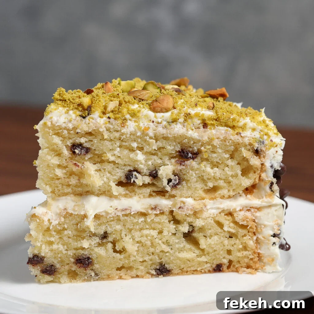 44 Gluten-Free Dairy-Free Cake Recipes for Every Occasion 13 A close-up of a slice of Cannoli Cake with chocolate chips, white frosting, and chopped pistachios on top, served on a white plate against a blurred gray background.