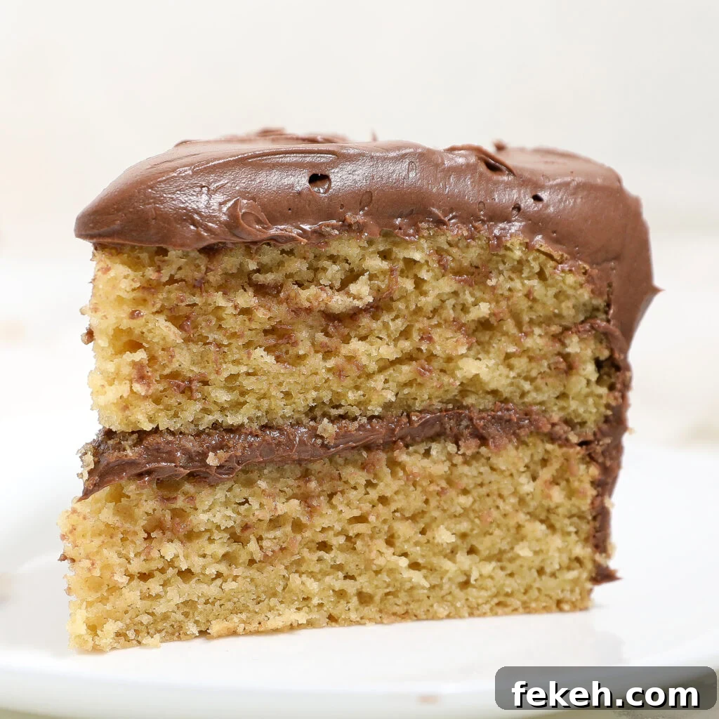 44 Gluten-Free Dairy-Free Cake Recipes for Every Occasion 19 A close-up of a classic yellow cake slice with two layers, filled and topped with smooth chocolate frosting, on a white plate against a light background.