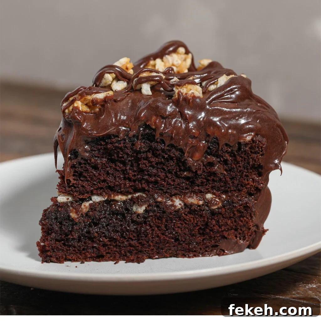 44 Gluten-Free Dairy-Free Cake Recipes for Every Occasion 20 A slice of rich 100 grand cake with a thick layer of chocolate frosting and chopped walnuts on top, served on a white plate against a blurred background.
