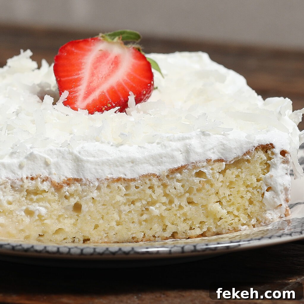 44 Gluten-Free Dairy-Free Cake Recipes for Every Occasion 28 A slice of moist Coconut Tres Leches Cake topped with whipped cream, shredded coconut, and a halved strawberry, served on a decorative plate.