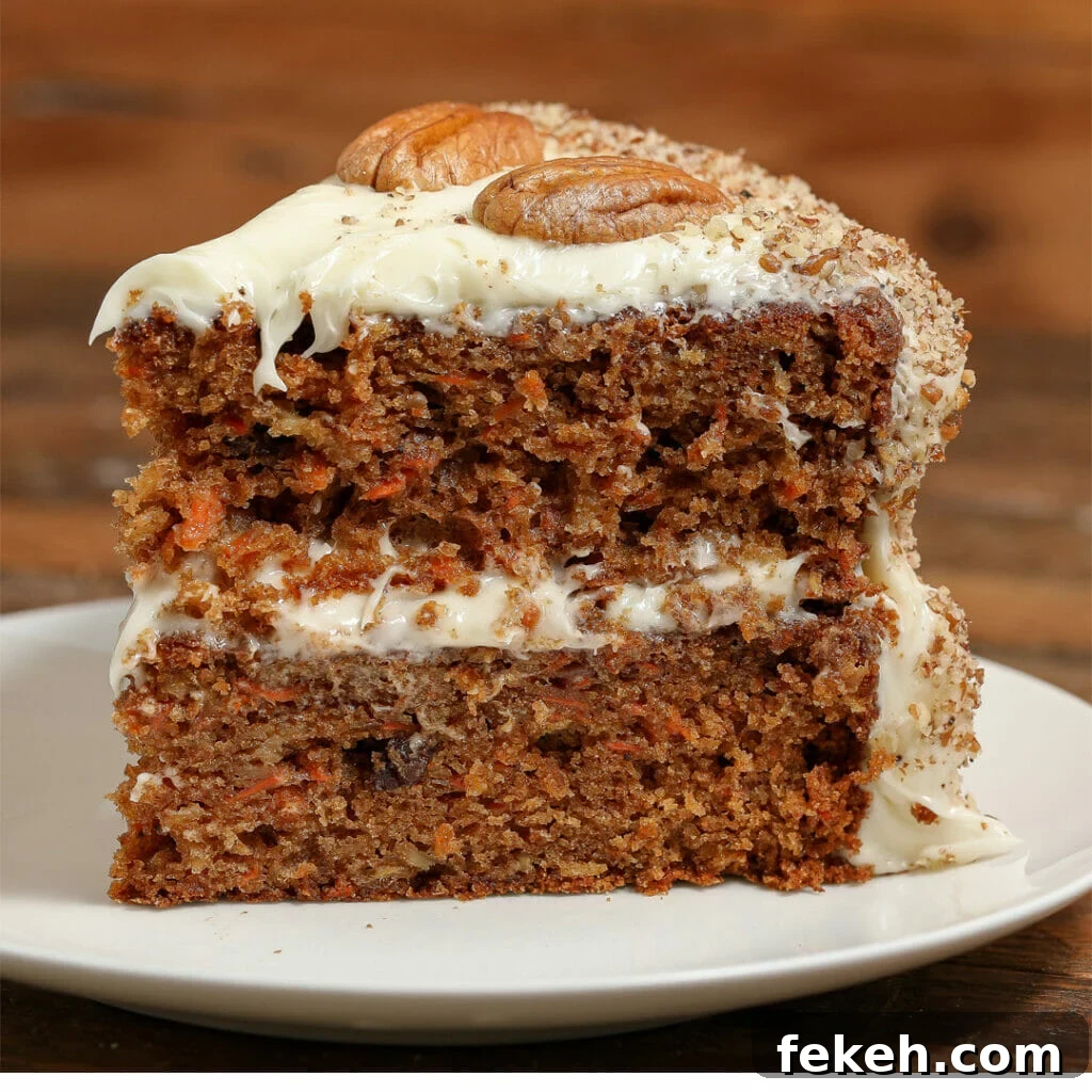 44 Gluten-Free Dairy-Free Cake Recipes for Every Occasion 39 A close-up of carrot cake with cream cheese frosting between two moist layers, topped with whole walnuts, on a white plate against a wooden background.
