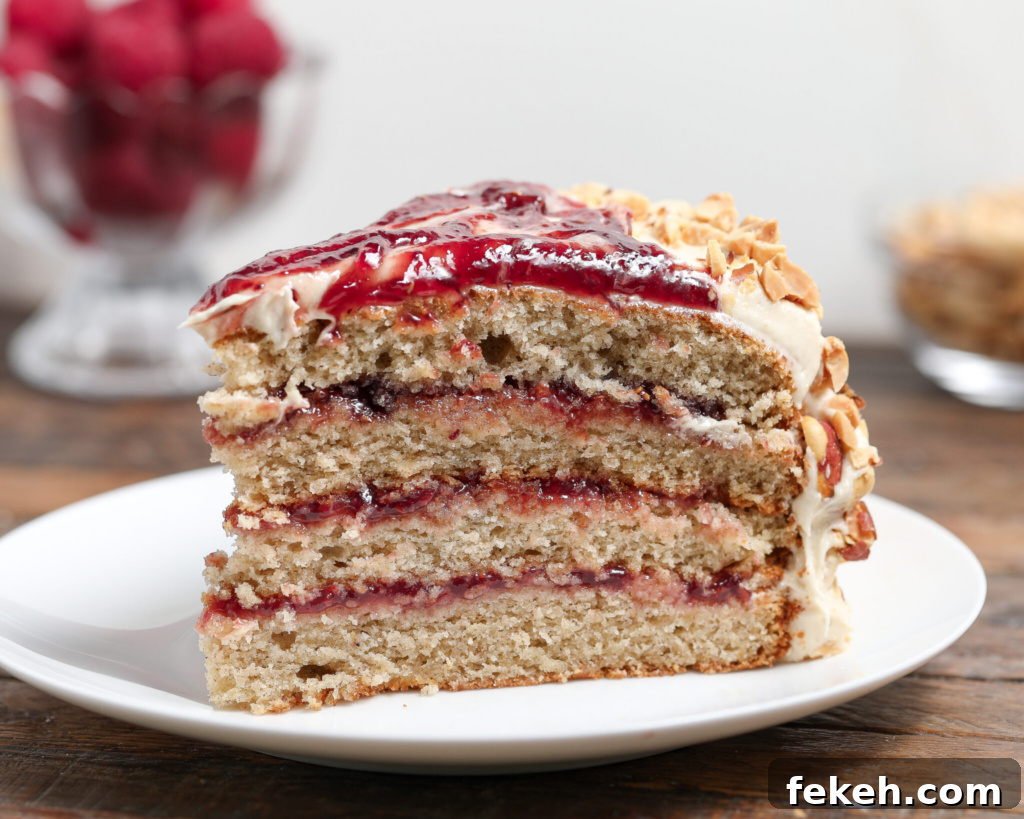 44 Gluten-Free Dairy-Free Cake Recipes for Every Occasion 40 A slice of gluten-free layered cake with light brown sponge, cream filling, and a red fruit jam topping, served on a white plate. The sides are decorated with chopped nuts.