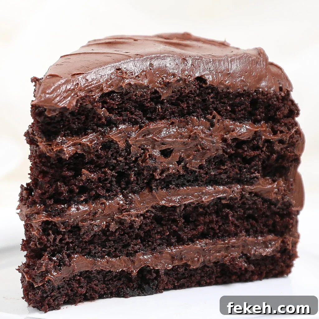 44 Gluten-Free Dairy-Free Cake Recipes for Every Occasion 45 A close-up of a slice of rich, moist gluten-free chocolate layer cake with thick, creamy chocolate frosting between the layers and on top, set against a light background.