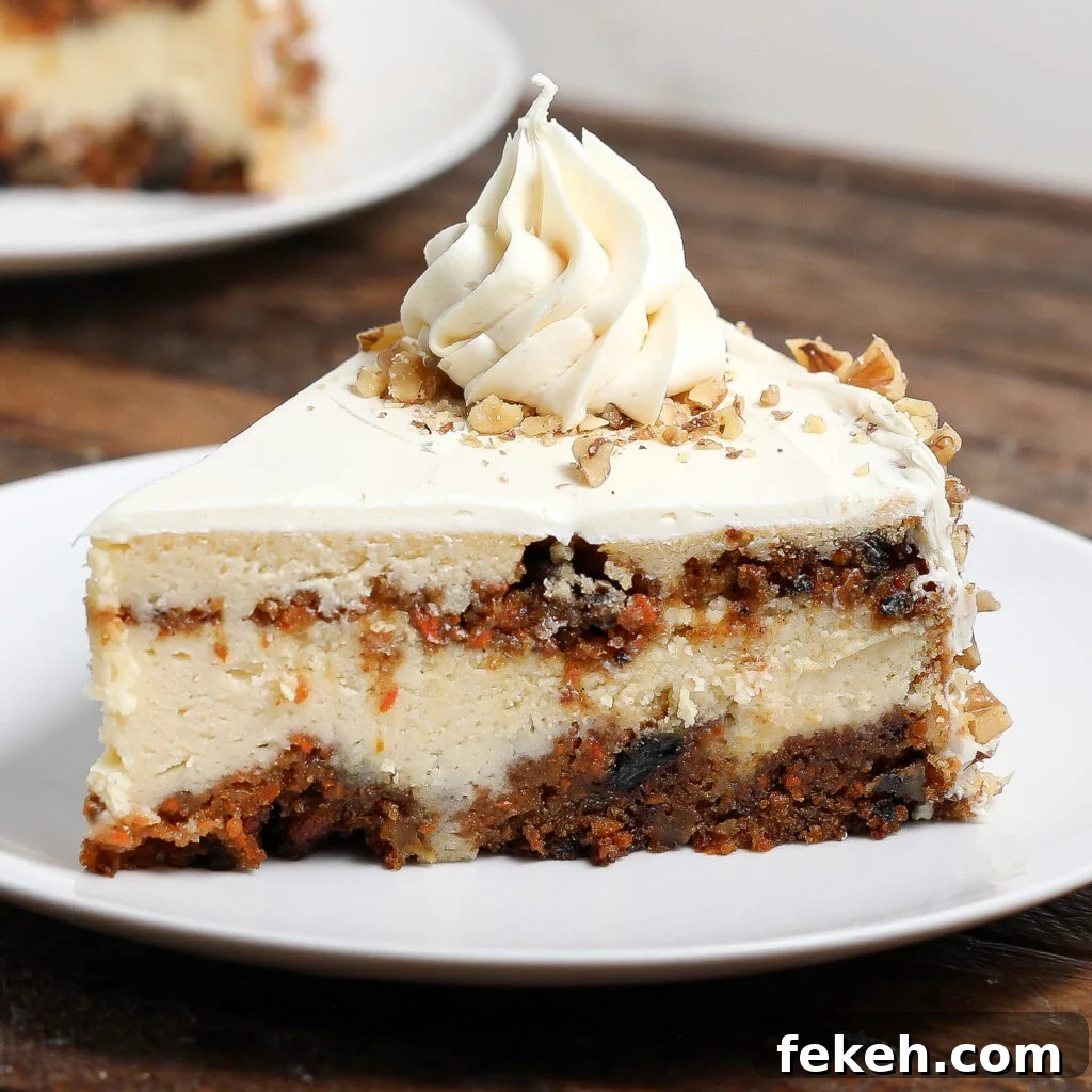 44 Gluten-Free Dairy-Free Cake Recipes for Every Occasion 6 A slice of layered carrot cake with cream cheese frosting, chopped nuts on top, and a swirl of frosting, served on a white plate—perfect inspiration for your next Carrot Cake Cheesecake recipe. Another slice is blurred in the background.