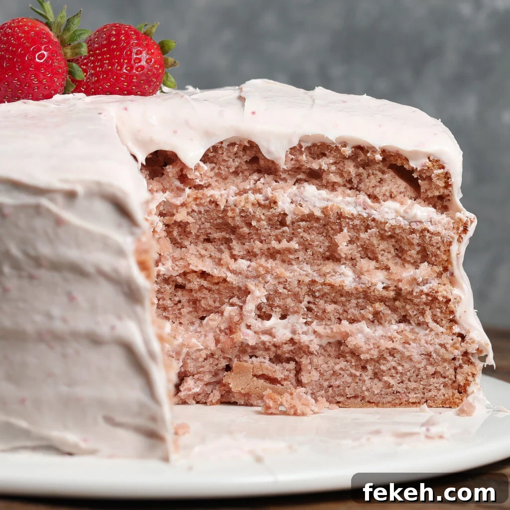 44 Gluten-Free Dairy-Free Cake Recipes for Every Occasion 9 A three-layer Strawberry Cake with pink frosting and two strawberries on top sits on a white plate. A large slice has been cut out, revealing the cake’s soft, moist texture. The gray background is slightly blurred.