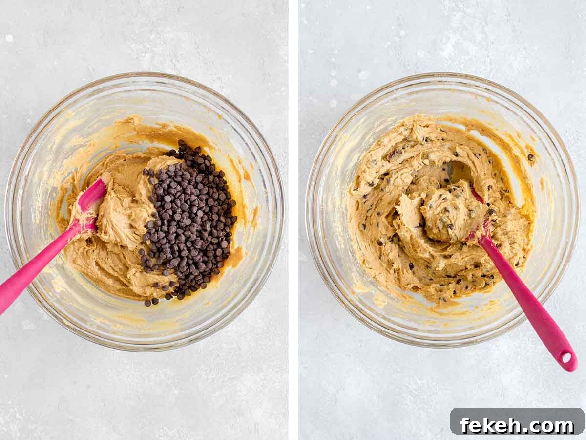 Safe-to-Eat Chocolate Chip Cookie Dough Recipe 7 Set of two photos showing mini chocolate chips added to the dough and folded in.