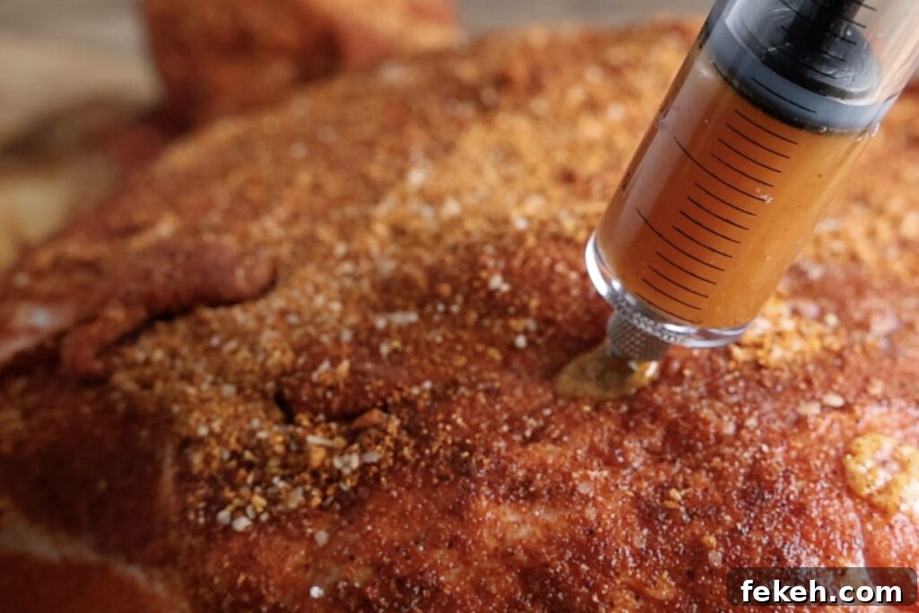 Smoked Pork Butt (Smoked Pork Shoulder) Recipe for Tender, Juicy Meat 8 Injecting pork butt with marinade.