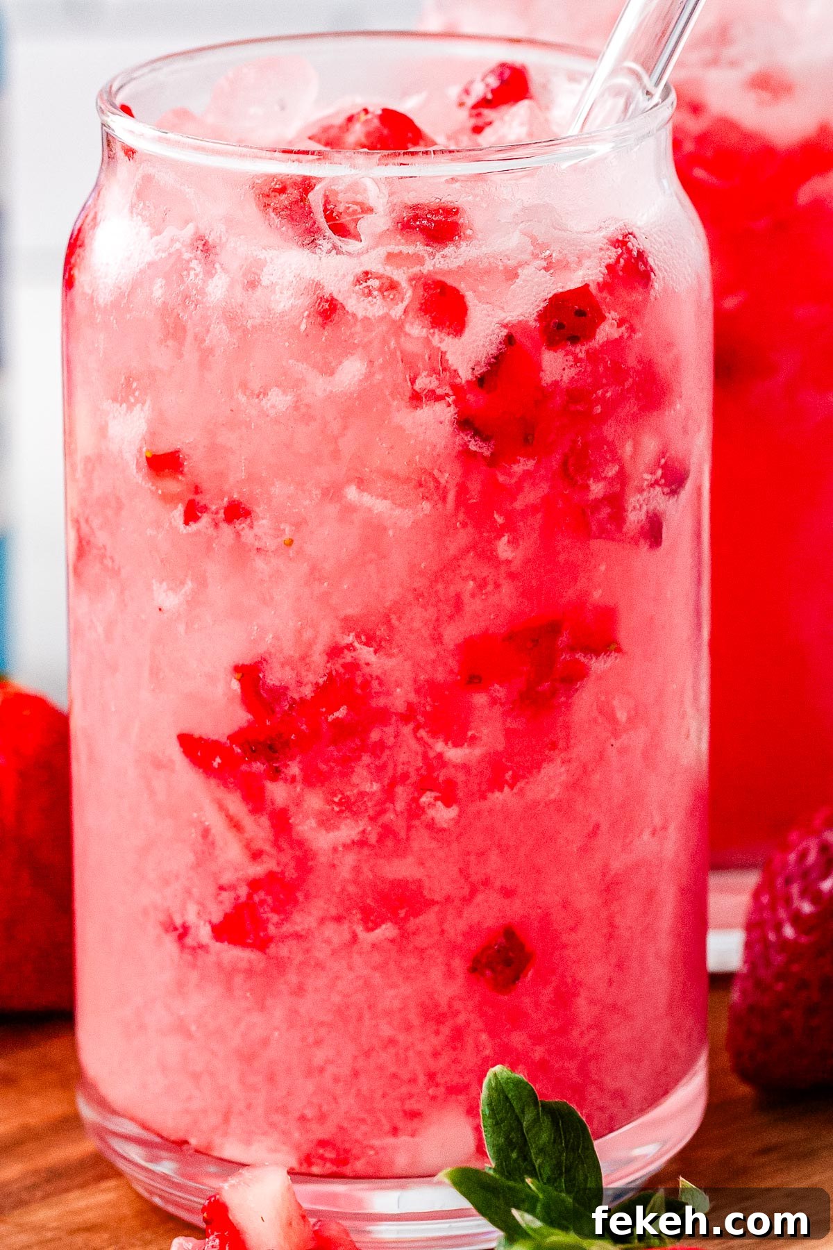 A strawberry breeze in a clear drinking glass with pebble ice and a drinking straw.