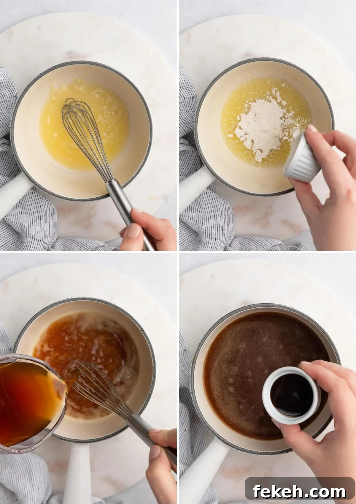 collage of 4 overhead photos showing the process of making jus in a white pot