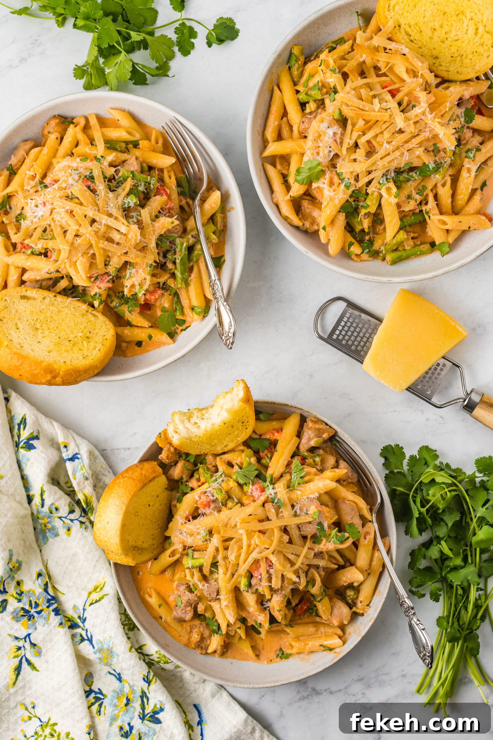 Cajun Chicken Pasta Recipe with Creamy Parmesan Sauce 16 Overhead view of Cajun Chicken Pasta served in a dish with garlic bread.