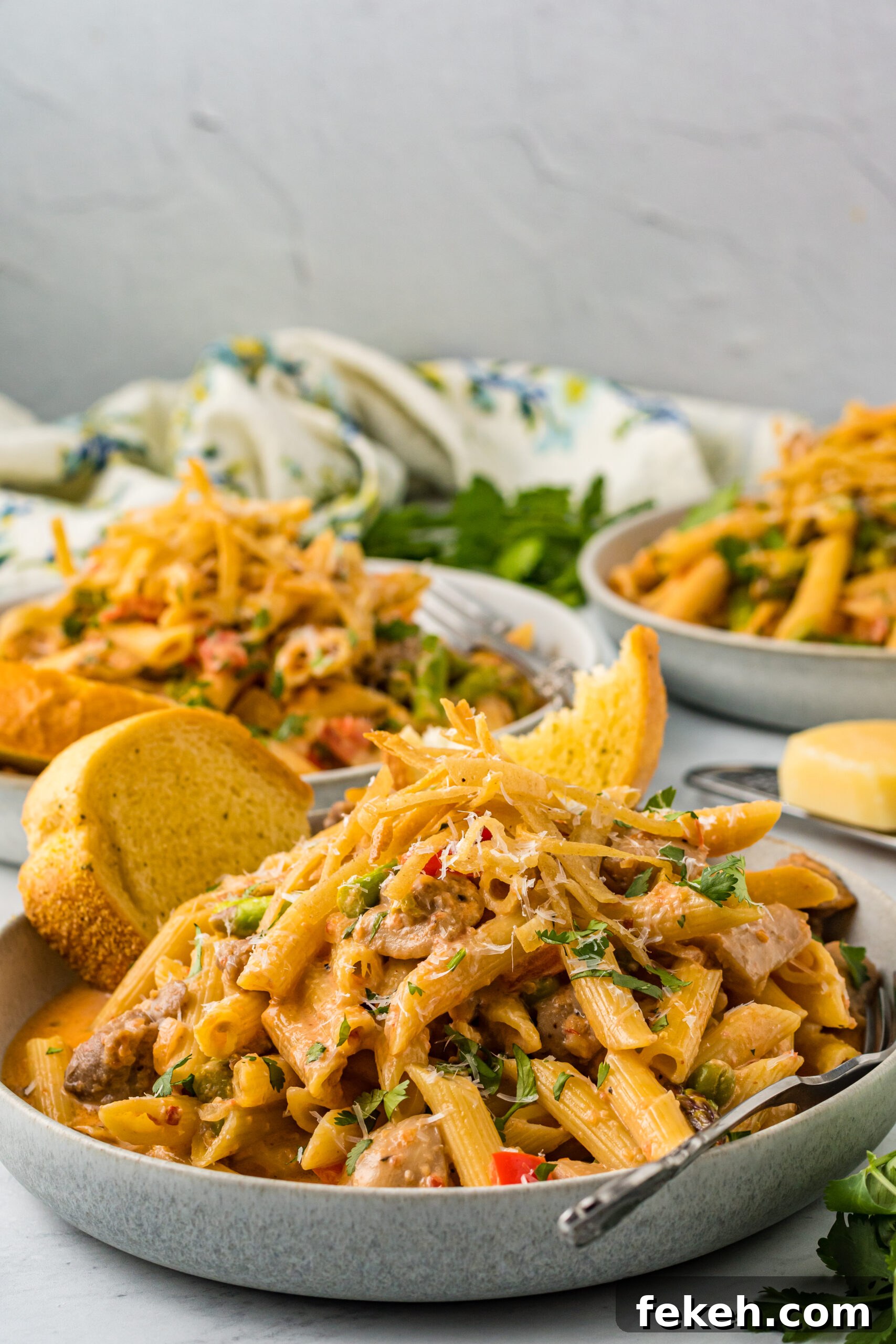 Cajun Chicken Pasta Recipe with Creamy Parmesan Sauce 6 Side view of Cajun Chicken Pasta served in a dish with garlic bread.