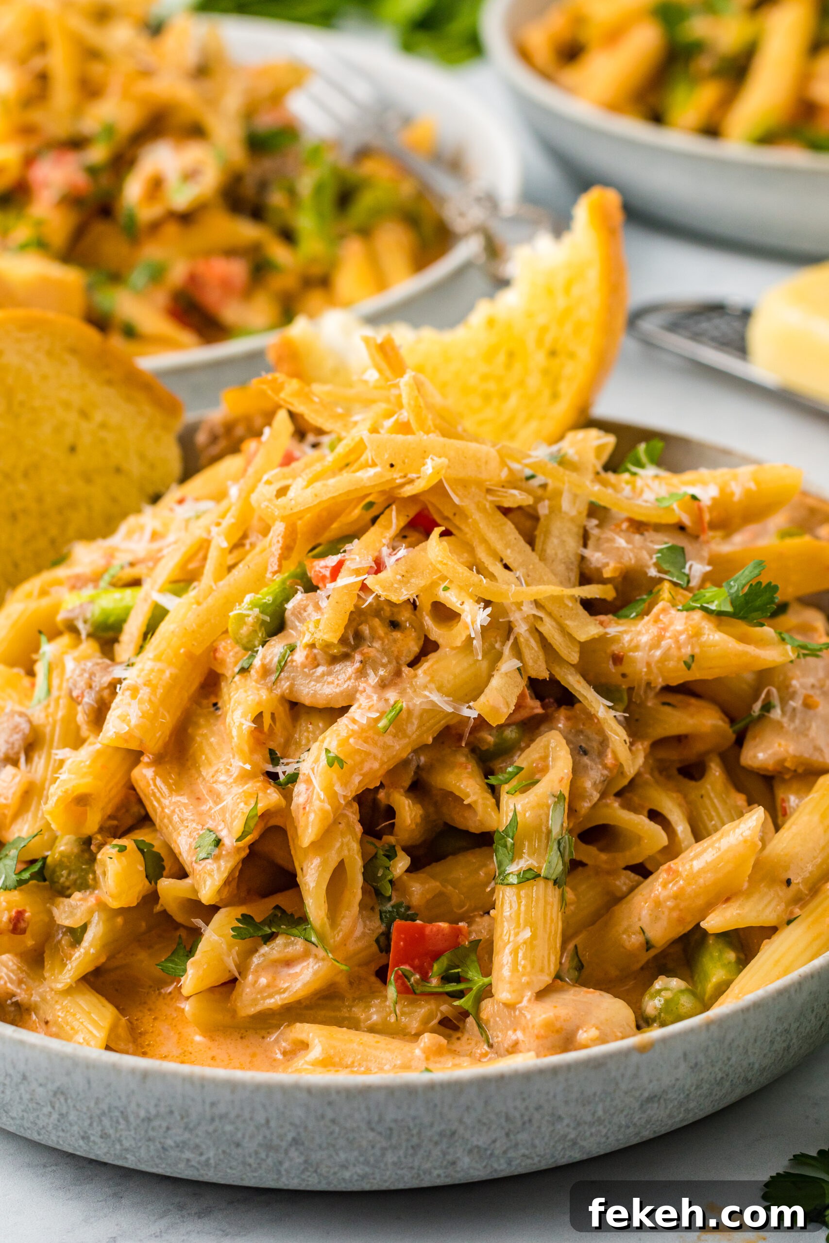 Cajun Chicken Pasta Recipe with Creamy Parmesan Sauce 7 Close up view of Cajun Chicken Pasta served in a dish with garlic bread.