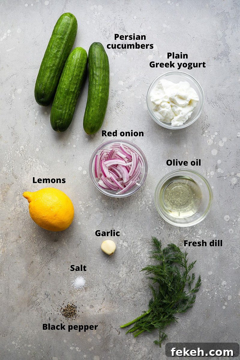 Creamy Cucumber Salad with Tangy Greek Yogurt Dressing 3 Ingredients used to make a creamy cucumber salad with Greek yogurt