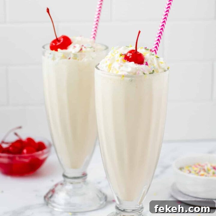 two old fashioned milkshake glasses filled with vanilla milkshake, topped with whipped cream, cherries, and rainbow sprinkles