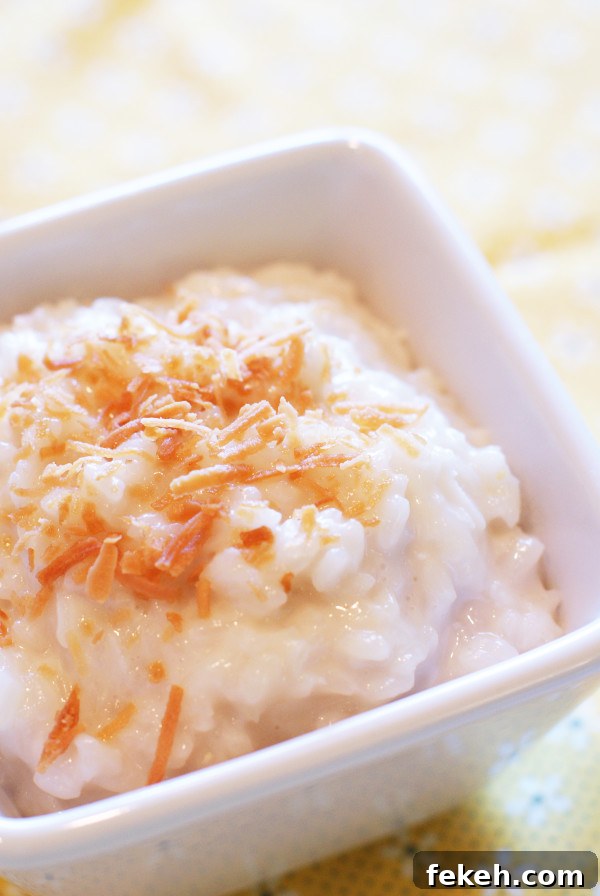 Vegan coconut rice pudding served warm with toasted coconut