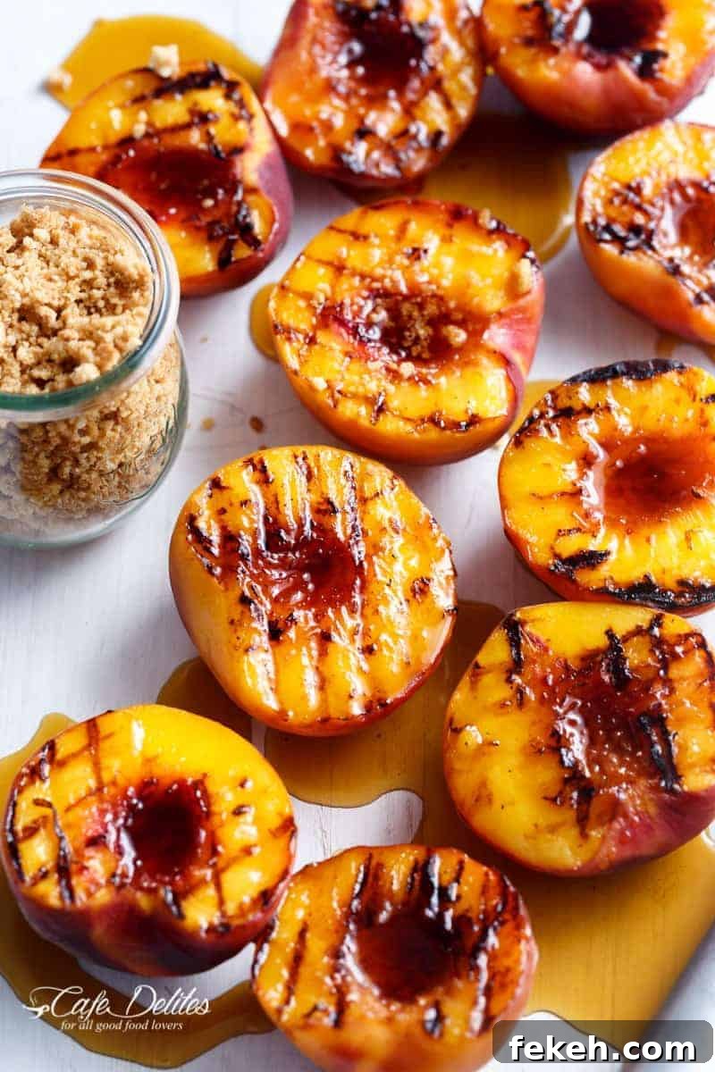 Maple-Grilled Peaches with Almond Cookie Crumble 2 Maple Grilled Peaches Almond Cookie Crumb