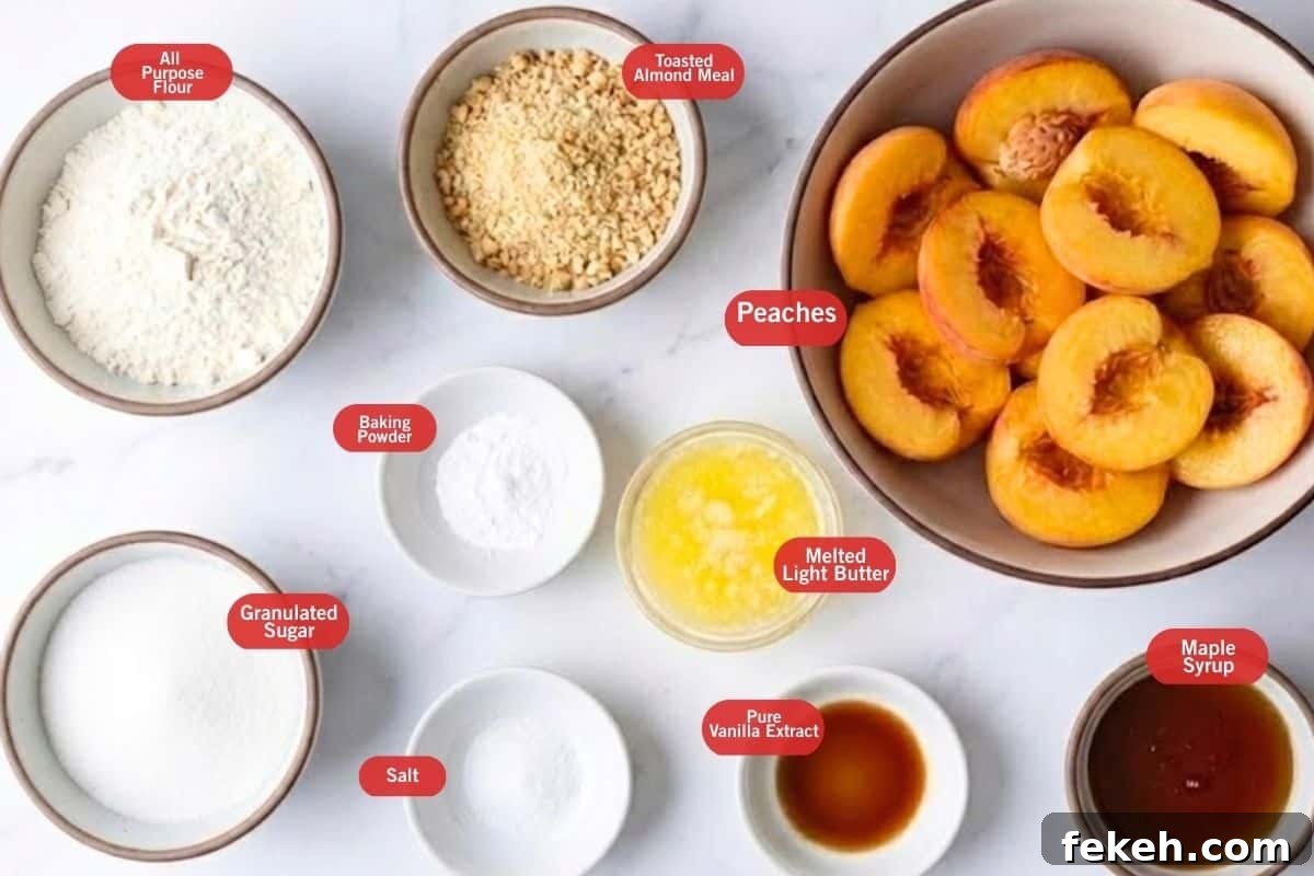 Maple-Grilled Peaches with Almond Cookie Crumble 3 Flat lay photo of ingredients: flour, toasted almond meal, peaches, baking powder, melted light butter, maple syrup, vanilla, salt, sugar