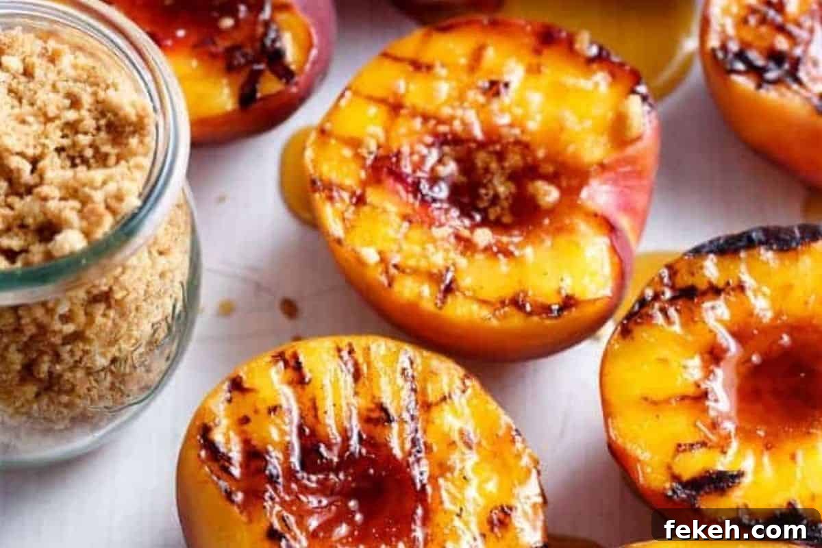 Maple-Grilled Peaches with Almond Cookie Crumble 9 Drizzle grilled peaches with maple syrup, top with ice cream and crumb.