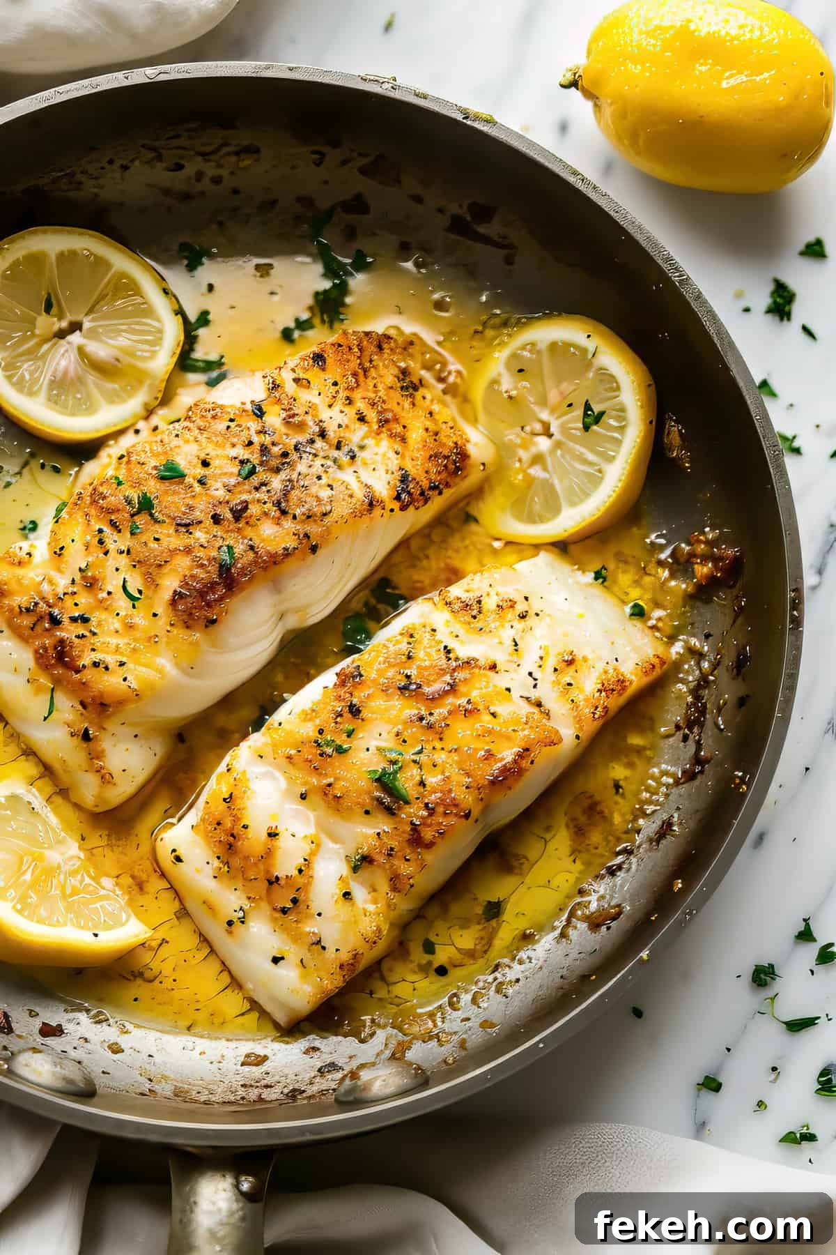 Pan-Fried Cod with Lemon Butter Sauce Recipe 2 Pan fried cod with lemon butter sauce in a pan.