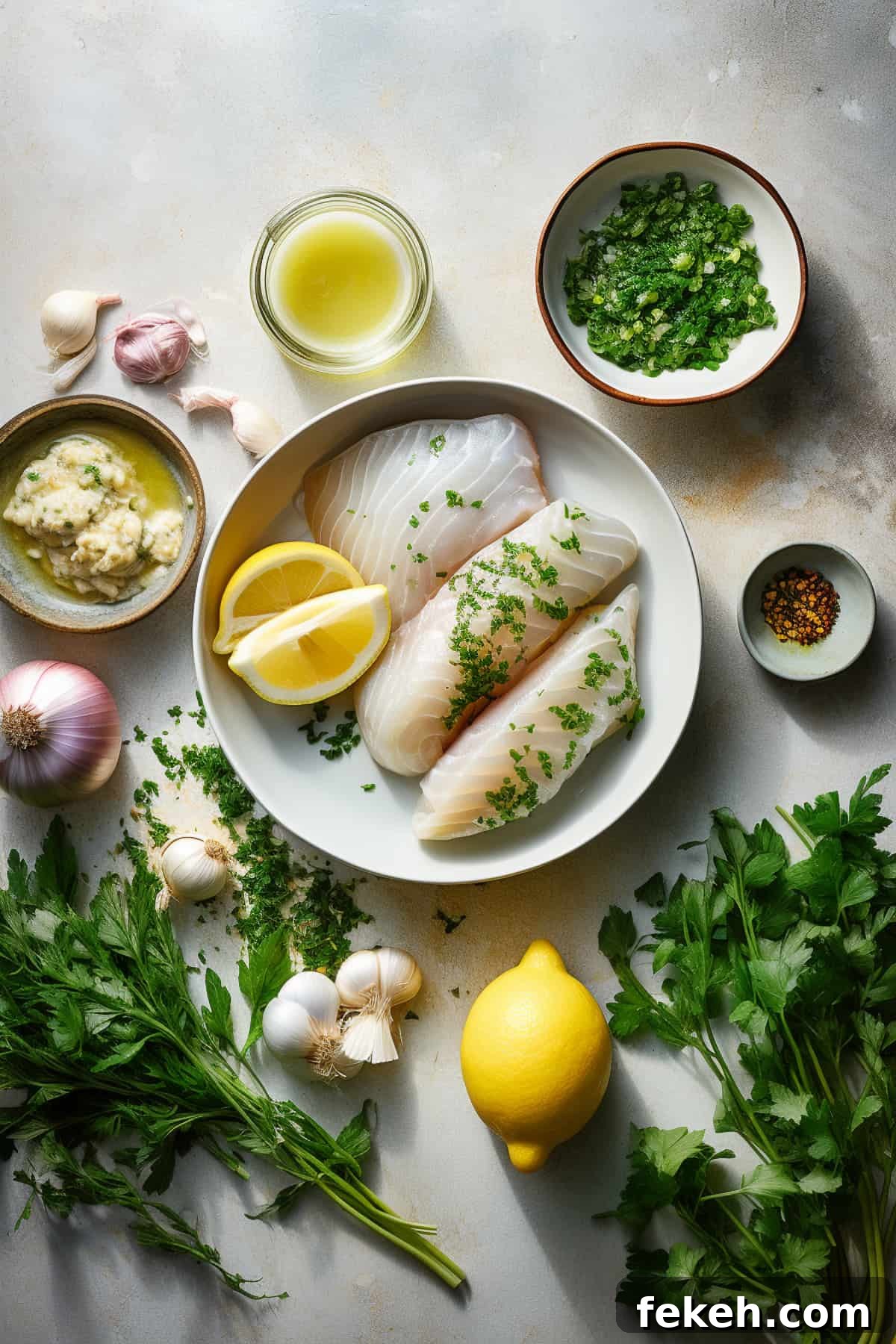 Pan-Fried Cod with Lemon Butter Sauce Recipe 3 Ingredients for pan fried cod on a table.