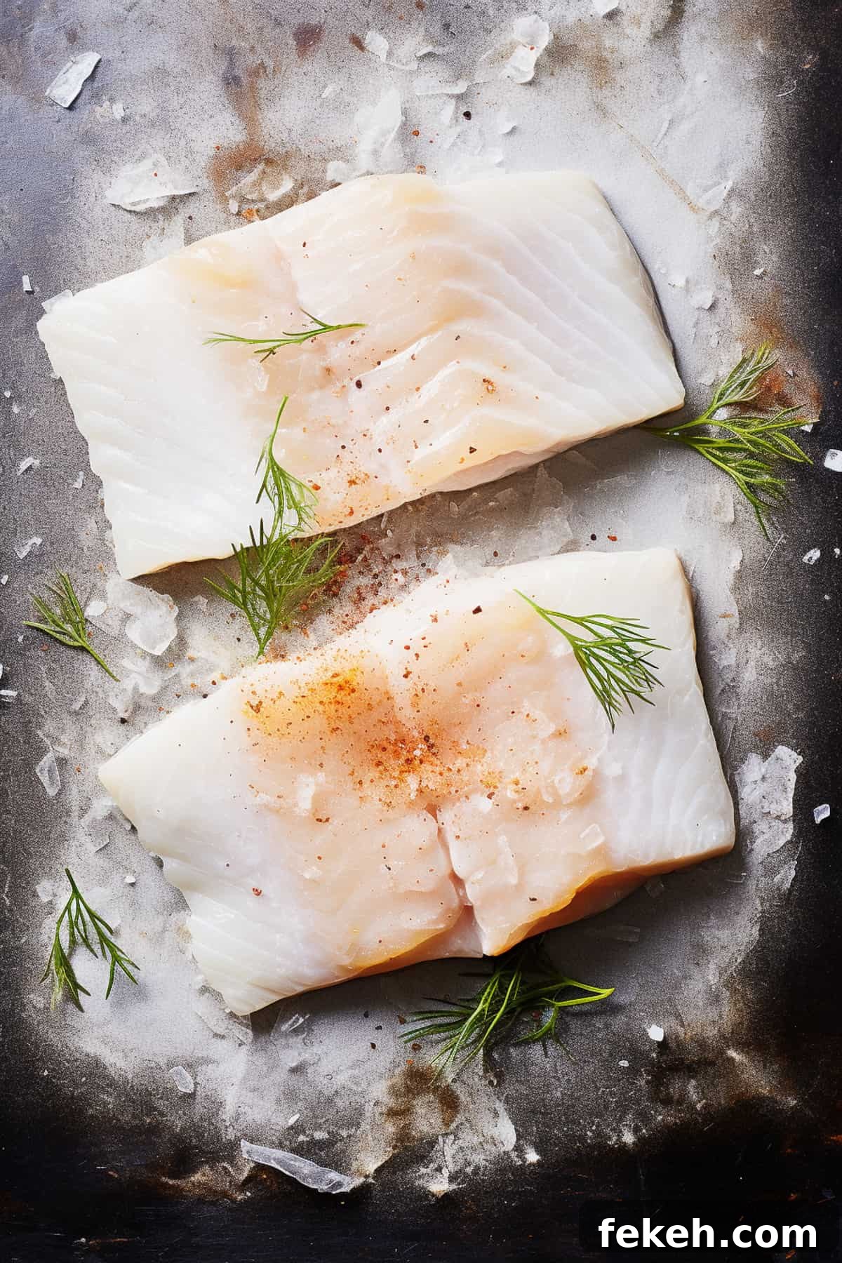 Pan-Fried Cod with Lemon Butter Sauce Recipe 4 Seasoned cod fillets on a baking tray.