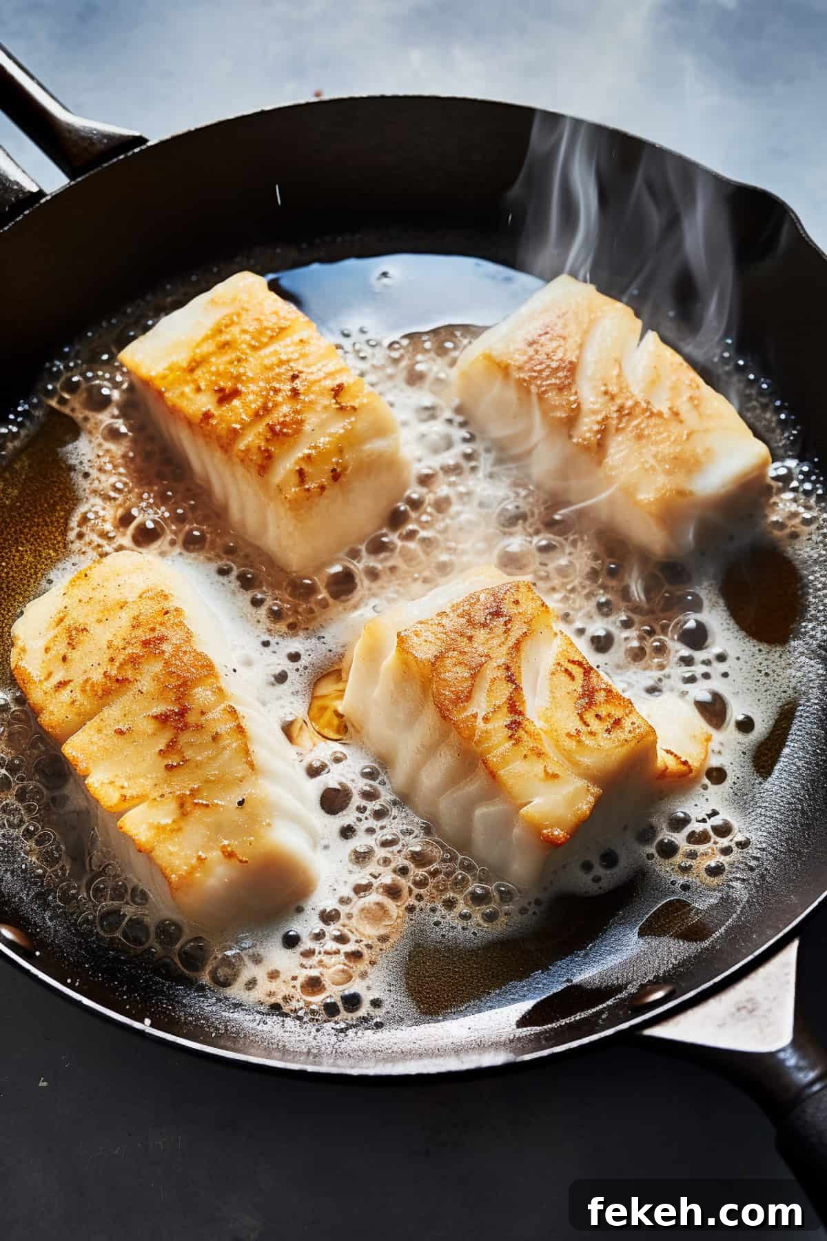 Pan-Fried Cod with Lemon Butter Sauce Recipe 5 Pan fried cod in a skillet.
