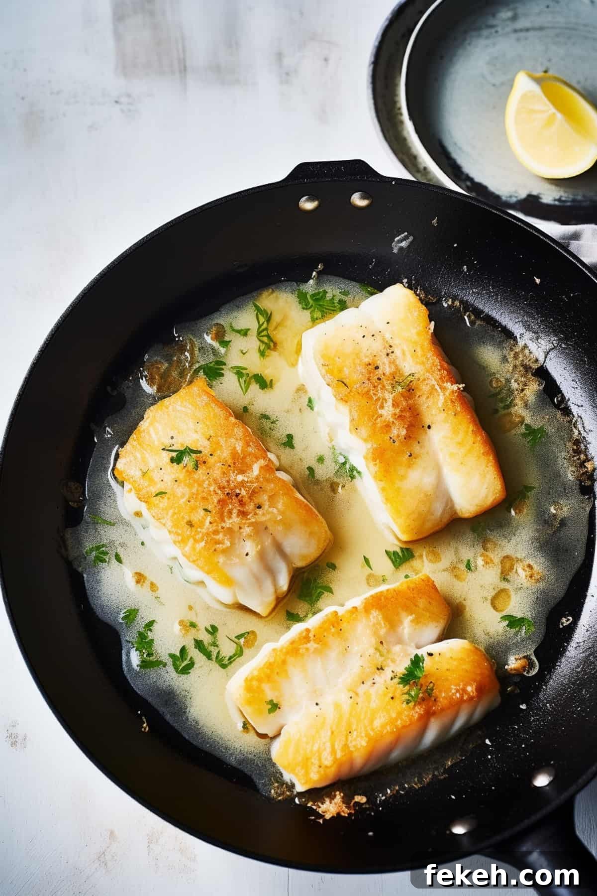 Pan-Fried Cod with Lemon Butter Sauce Recipe 6 Pan fried cod in and a skillet with lemon butter sauce.