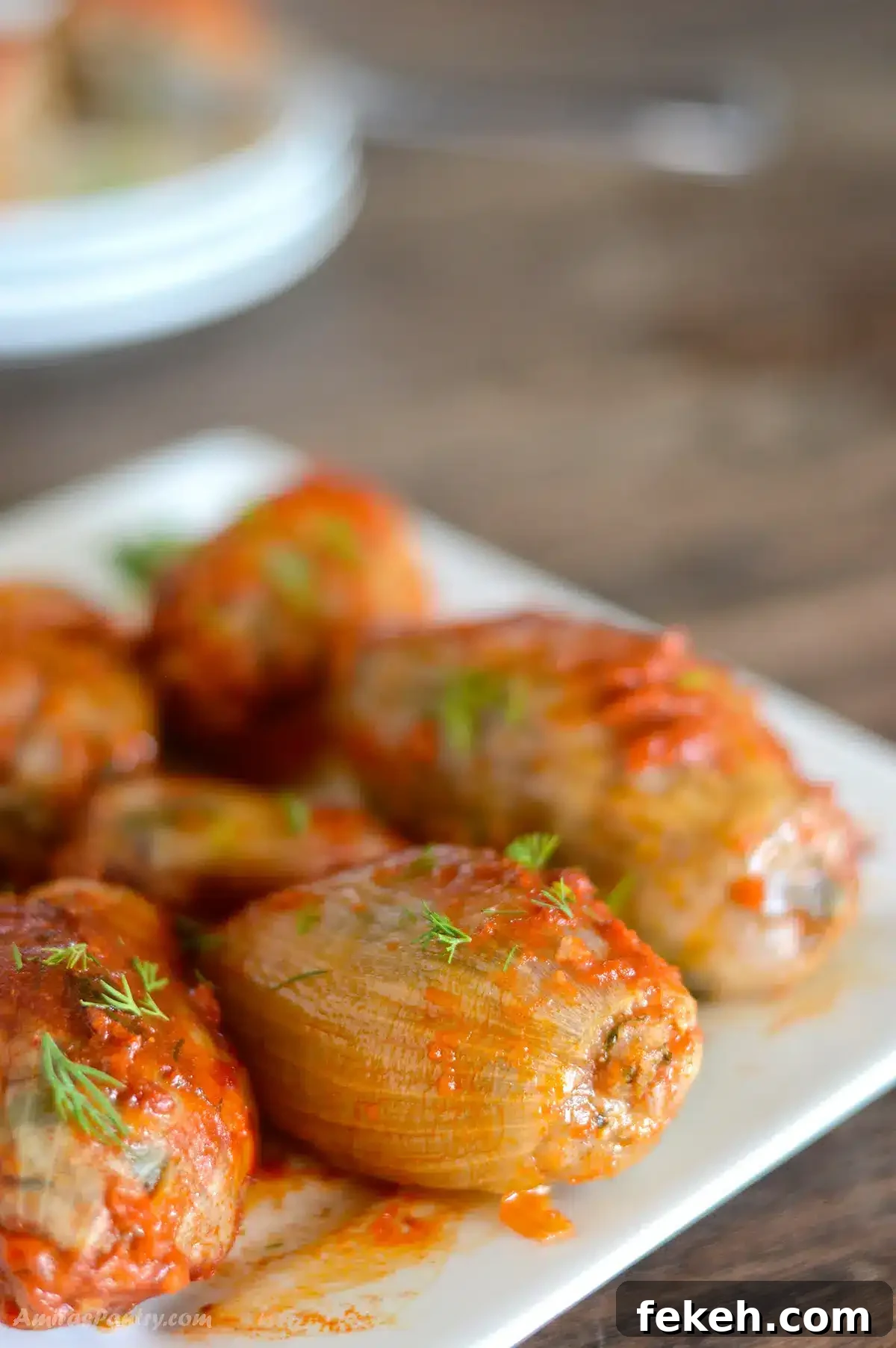 Slow Cooker Stuffed Onions with Savory Beef & Rice Filling 2 Stuffed onions on a white serving plate.