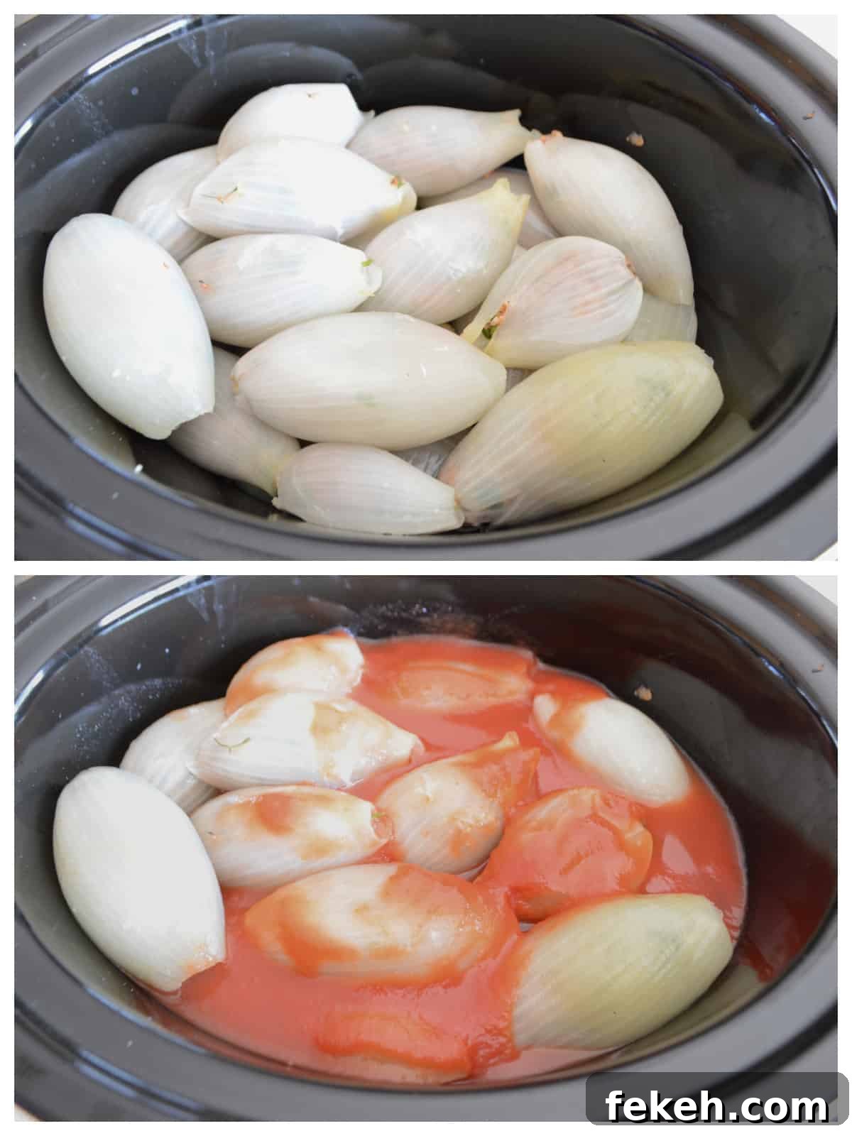 Slow Cooker Stuffed Onions with Savory Beef & Rice Filling 4 Stuffed onions cooking in a slow cooker.