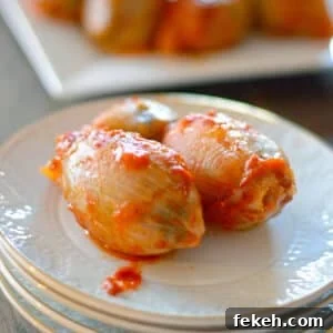 Two stuffed onion pieces on a white plate.