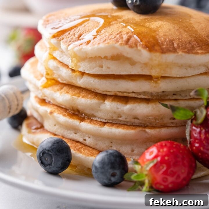 Close up of a stack of pancakes covered in maple syrup with berries on top of the pancakes and surrounding them on the plate.