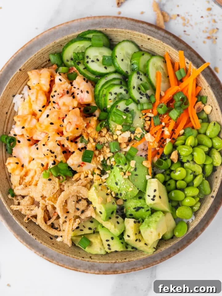 Spicy Shrimp Poke Bowl Recipe with Fresh Mango & Avocado 13 close up view of shrimp poke bowl