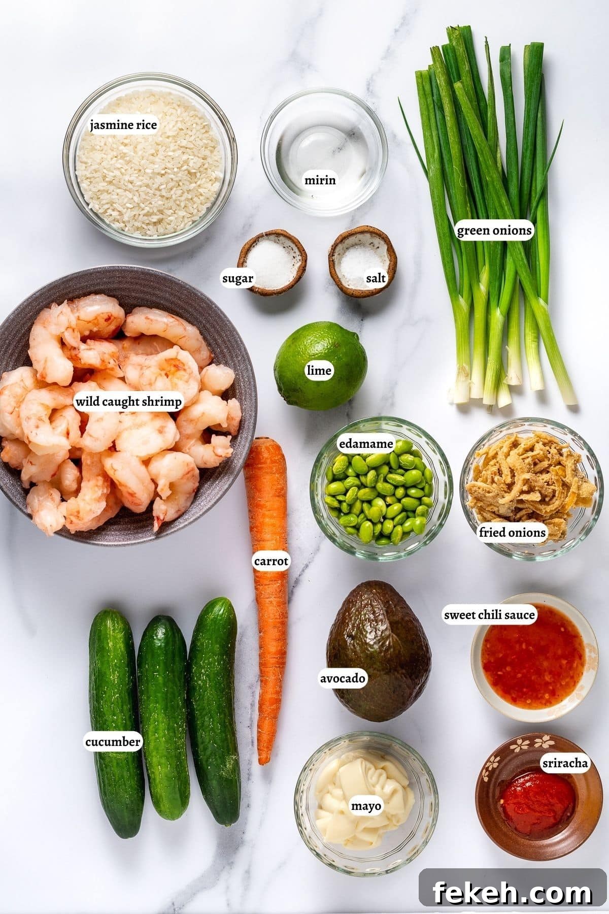 Spicy Shrimp Poke Bowl Recipe with Fresh Mango & Avocado 4 picture of the ingredients needed for the recipe