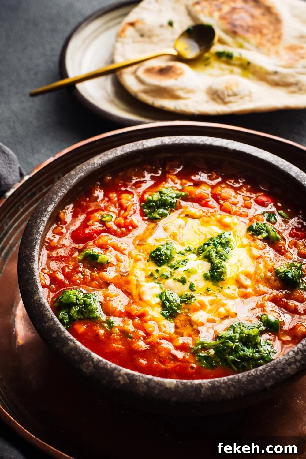 Spicy Harissa Lentil Soup with Fresh Cilantro Salsa 5 Close-up of a bowl of red lentil soup with a flatbread in the background.