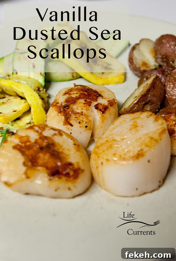 Vanilla Dusted Sea Scallops with Rosemary Roasted Red Potatoes and Grilled Zucchini Ribbons