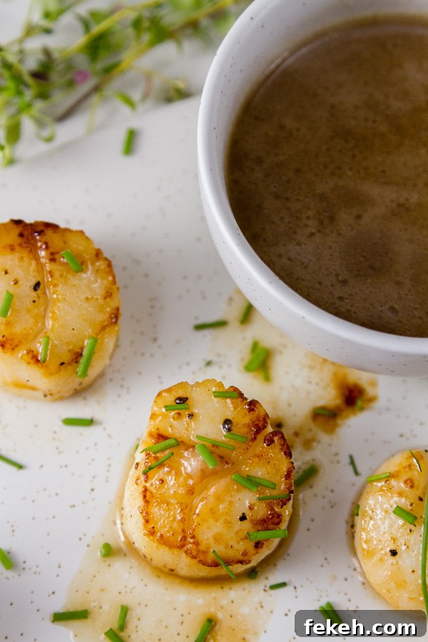 Vanilla Dusted Scallops seared sea scallops with pan sauce on a white plate