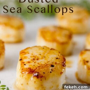 Vanilla Dusted Scallops on a white plate with chives for garnish, title included in image