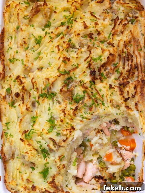 Cheesy Potato Pie Recipe: Crispy Crust & Melty Filling 15 Salmon Pie in a baking dish.