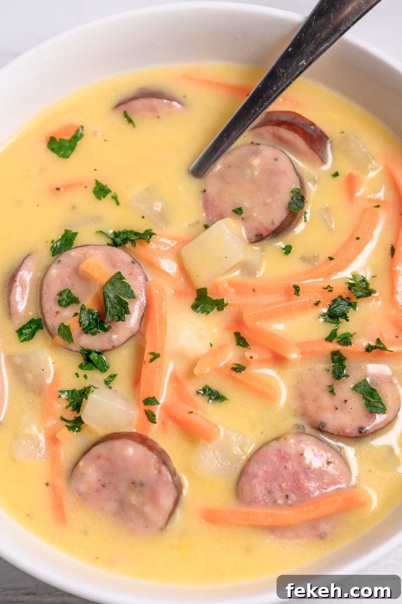 Cheesy Kielbasa and Potato Soup Recipe for Cozy Nights 2 Cheesy Kielbasa Potato Soup in a bowl.