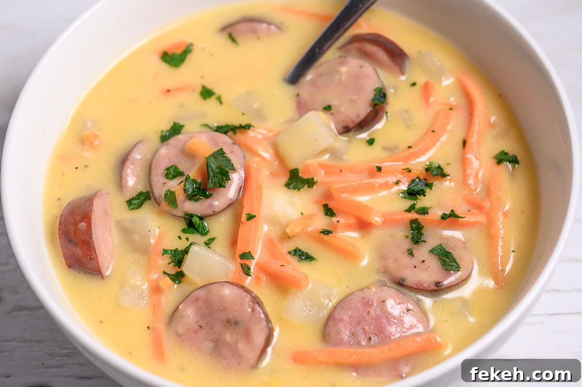 Cheesy Kielbasa and Potato Soup Recipe for Cozy Nights 5 Cheesy Kielbasa Potato Soup in a bowl.