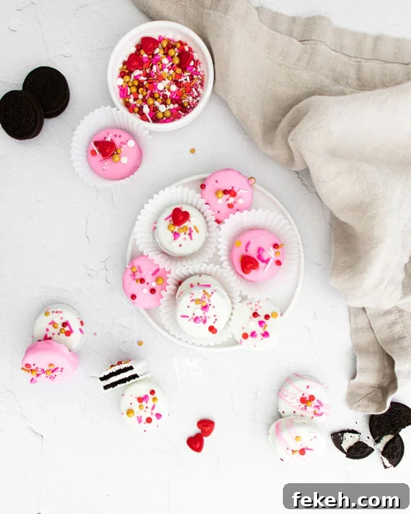 overheard shot of Valentine's Chocolate Covered Oreos on a white plate and scattered on a white surface